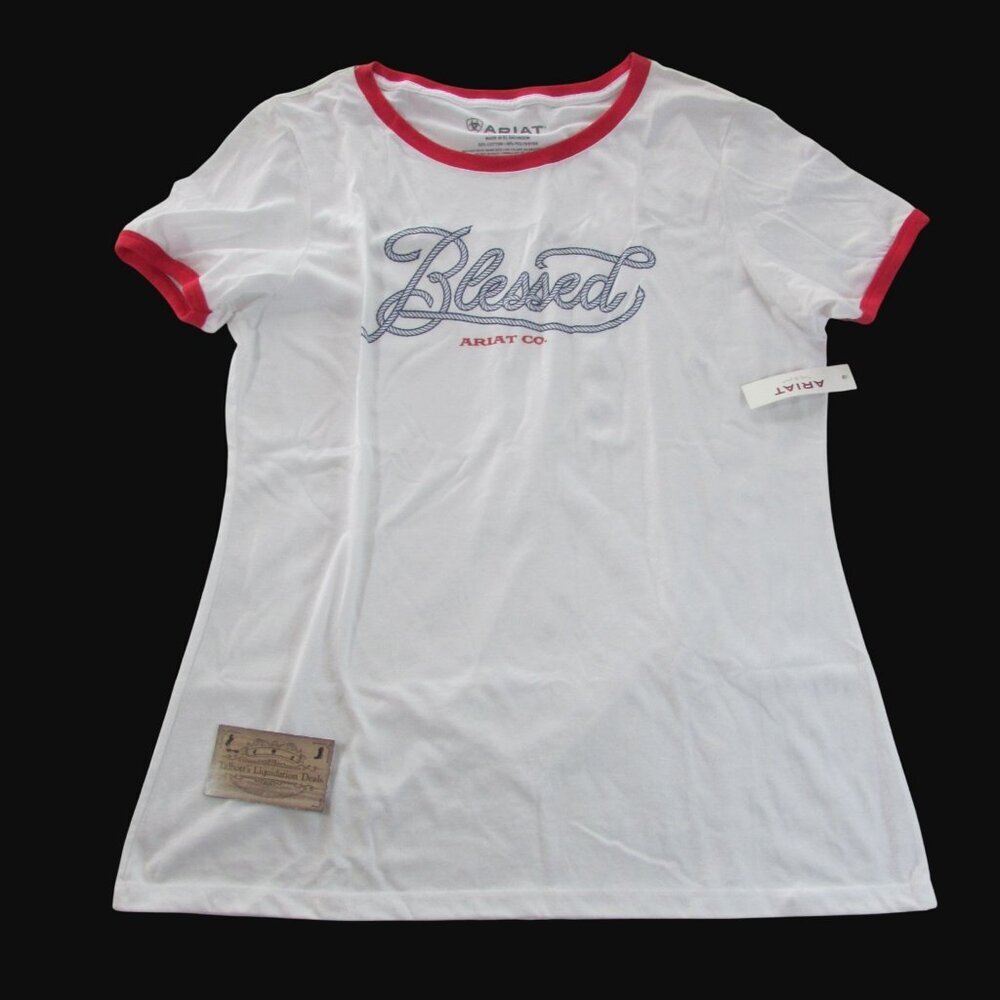 Ariat Women's XL Short Sleeve Rope Blessed Graphic Ringer T-Shirt - White/Red - Picture 1 of 2